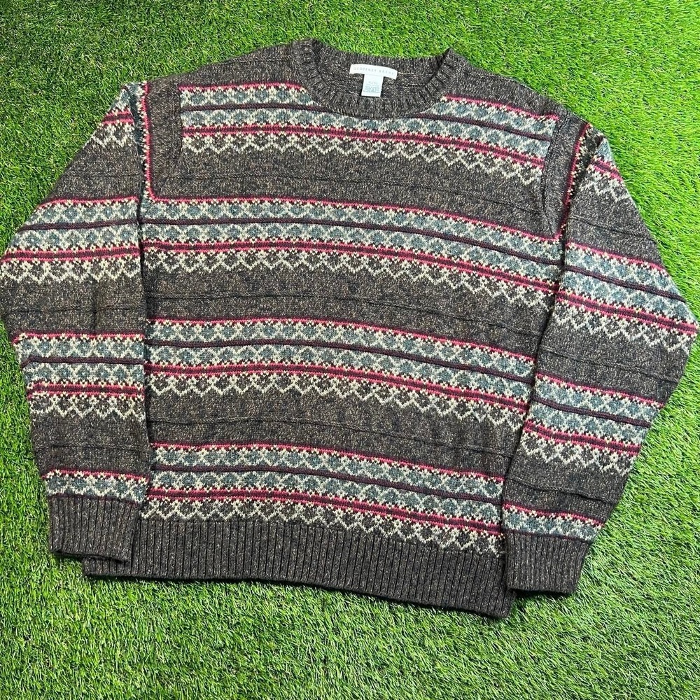 Vintage Geoffrey Beene Fair Isle Nordic Sweater XL Cotton Gray Pink 90s Knitwear